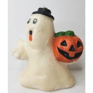 Vintage Funny Face Hat Ghost Holding Jack-O-Lantern Candle 4" SKU H47